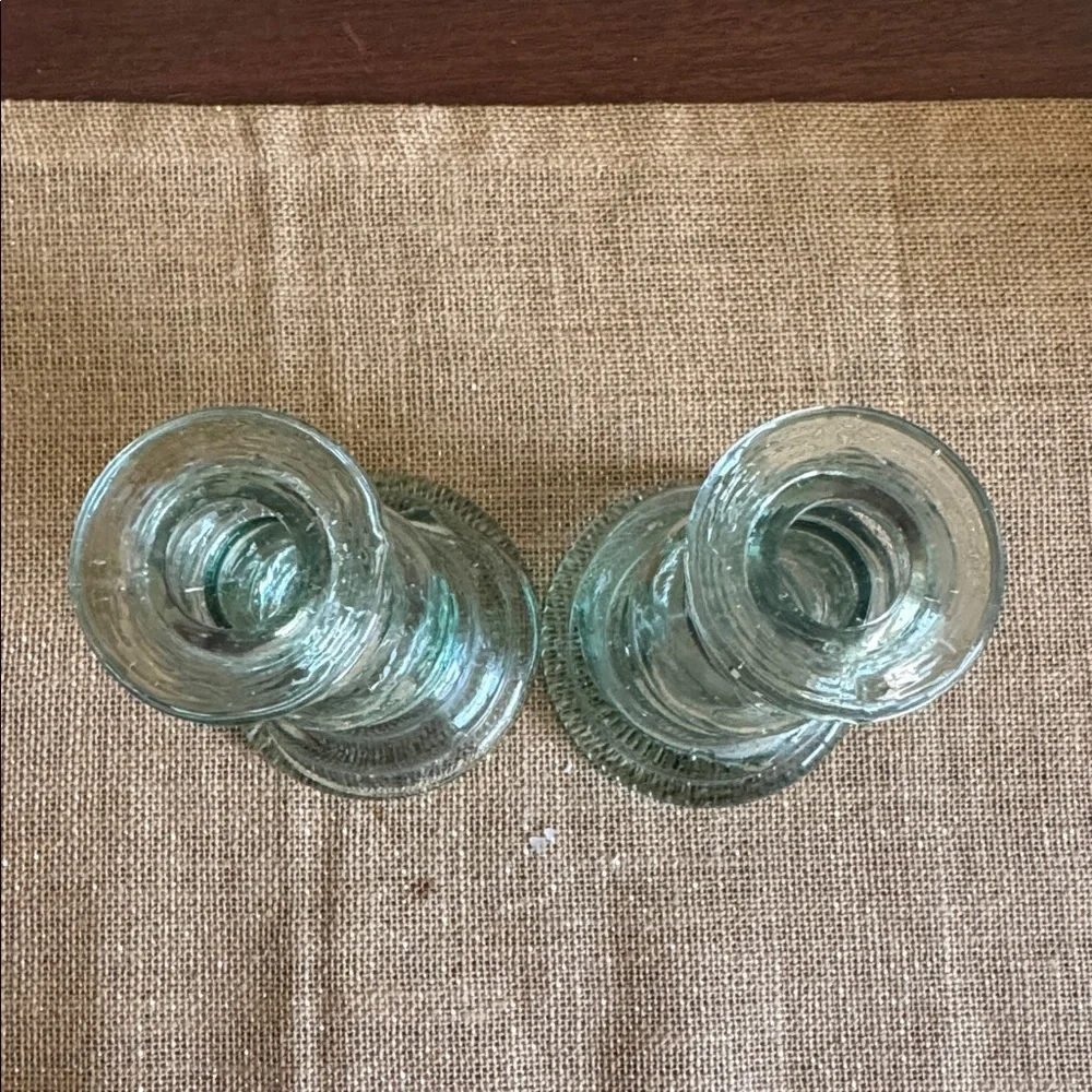 Pottery Barn Pair of Green Recycled Glass Candle Sticks Made in Spain ~8”